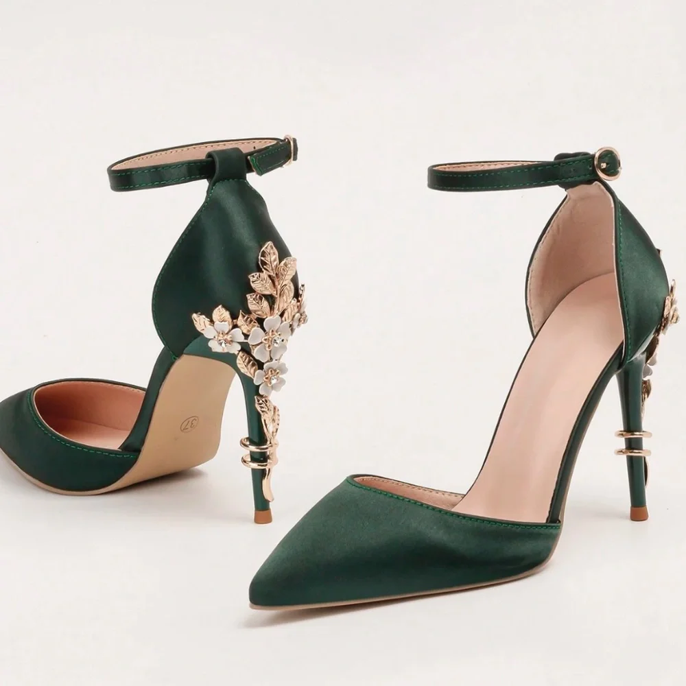 Rouge! Green Heels with Gold Floral Accent - Picture 1 of 16